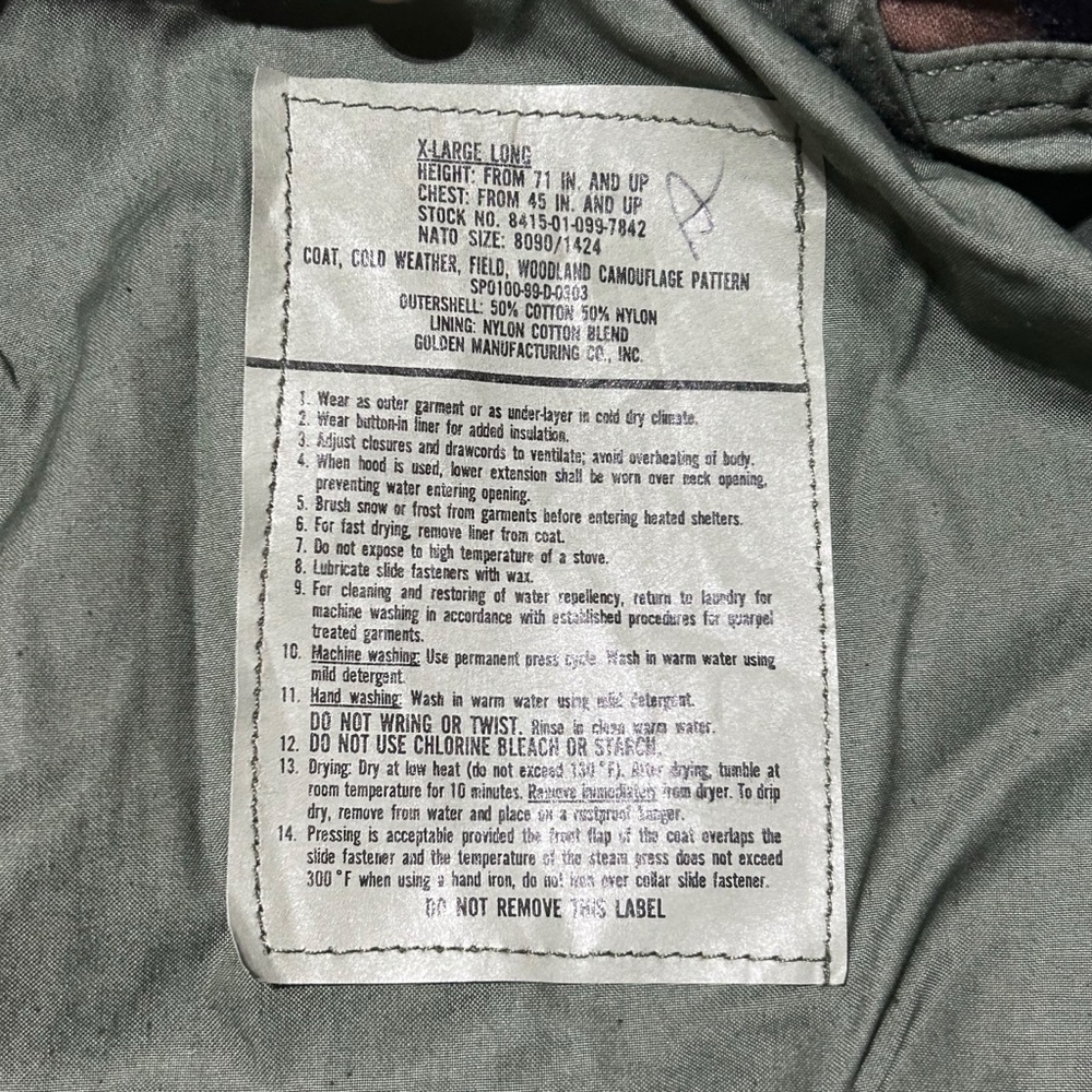 USAF Woodland Camo Field Jacket Extra Large Long Cold Weather Coat - Picture 3 of 5